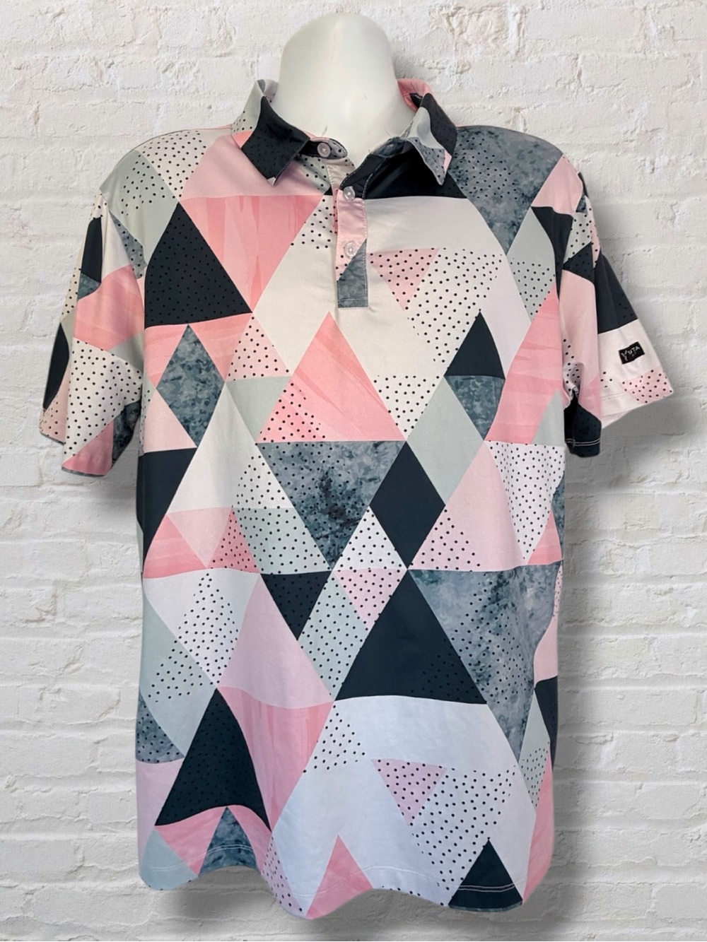 Yatta Golf Polo Shirt Large Pink Gray Geometric Print Performance Stretch Men